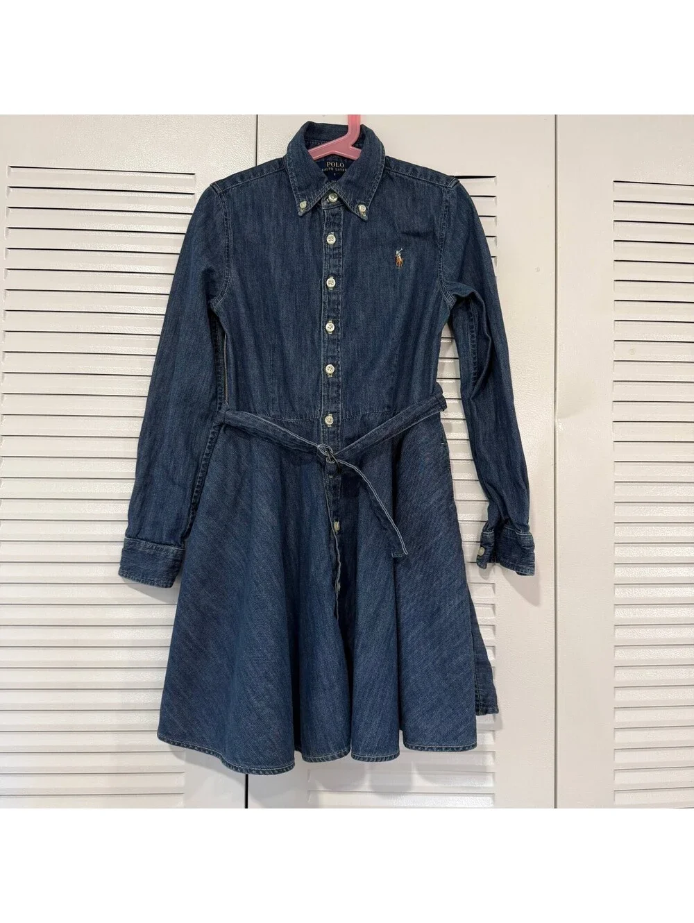 Polo Ralph Lauren Girls Size 8 Denim Shirt Dress Belted Fit & Flare Pony